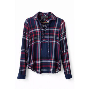 Women’s Plaid Lace Up Hoodie Top Long Sleeve Flannel Style Casual Size S